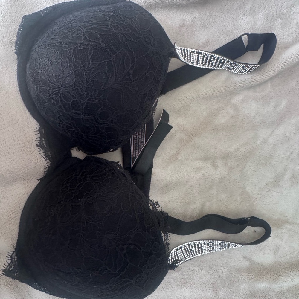 Victoria's Secret Black Lace Push-Up Bra with Logo Straps